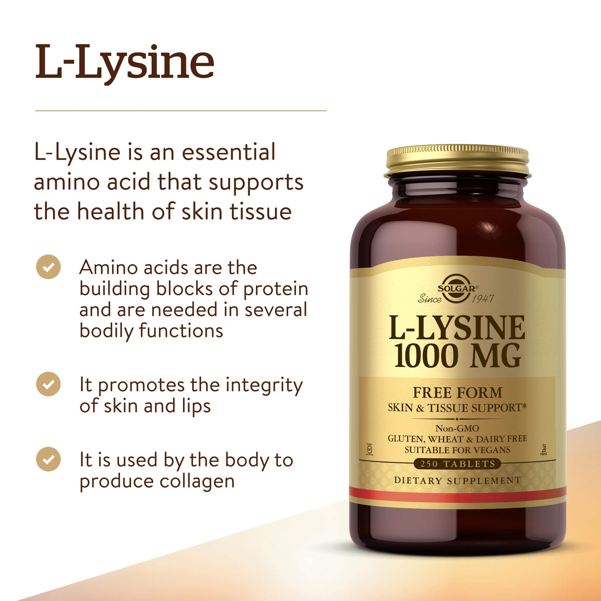 Tableta de Solgar L-Lysine en mano para ver tamaño y fácil ingestión
