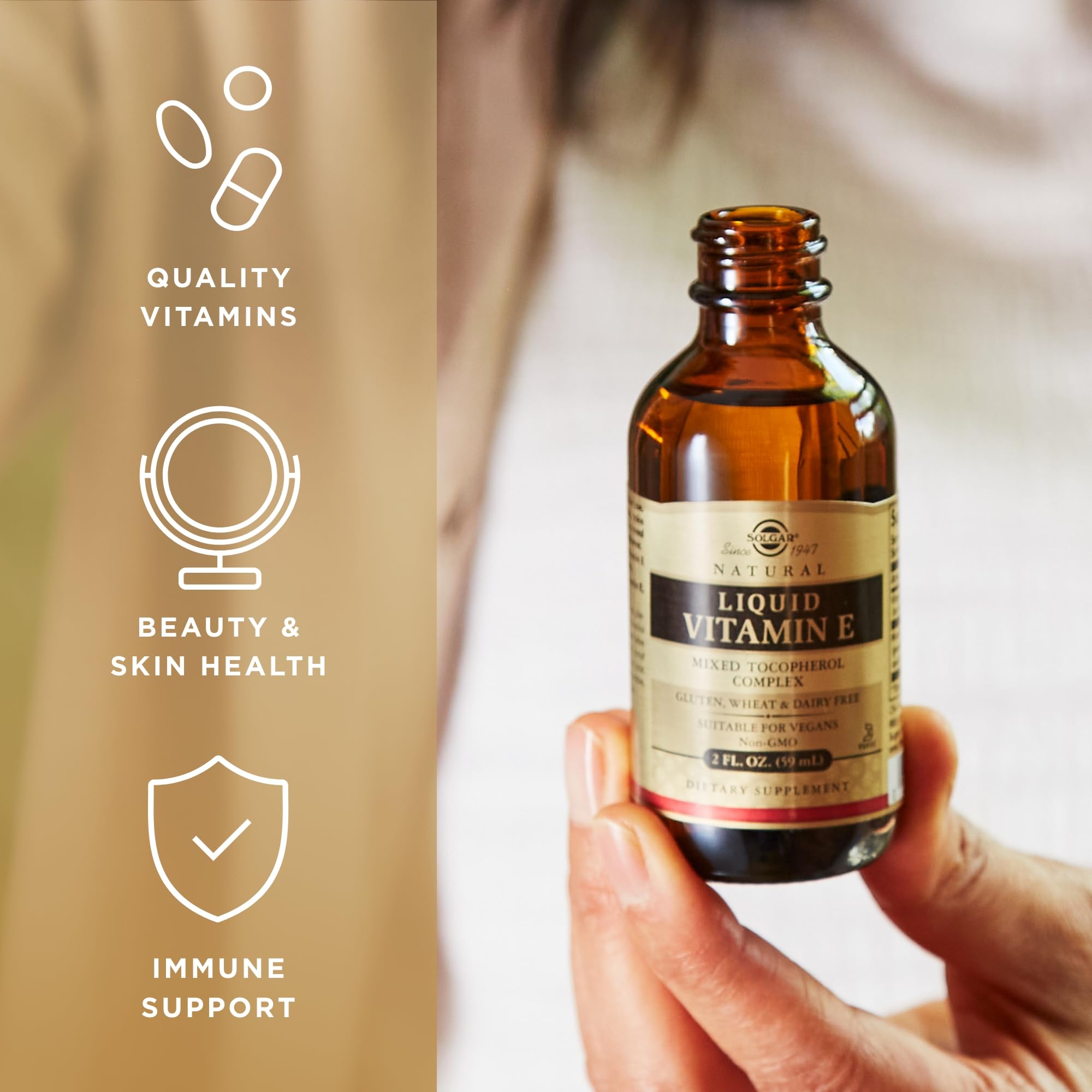 Solgar Liquid Vitamin E uso facial demostrando aplicación controlada