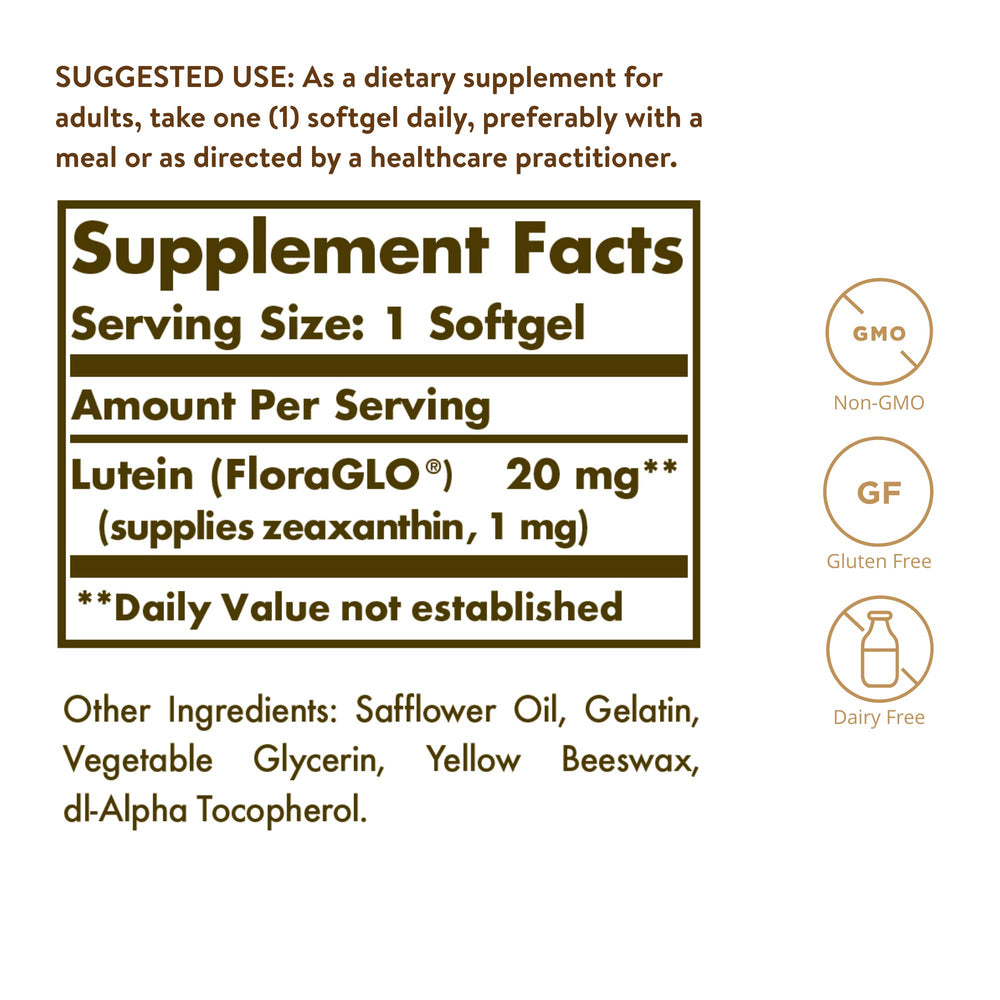Detalle de textura del softgel Solgar Lutein destacando fácil ingesta