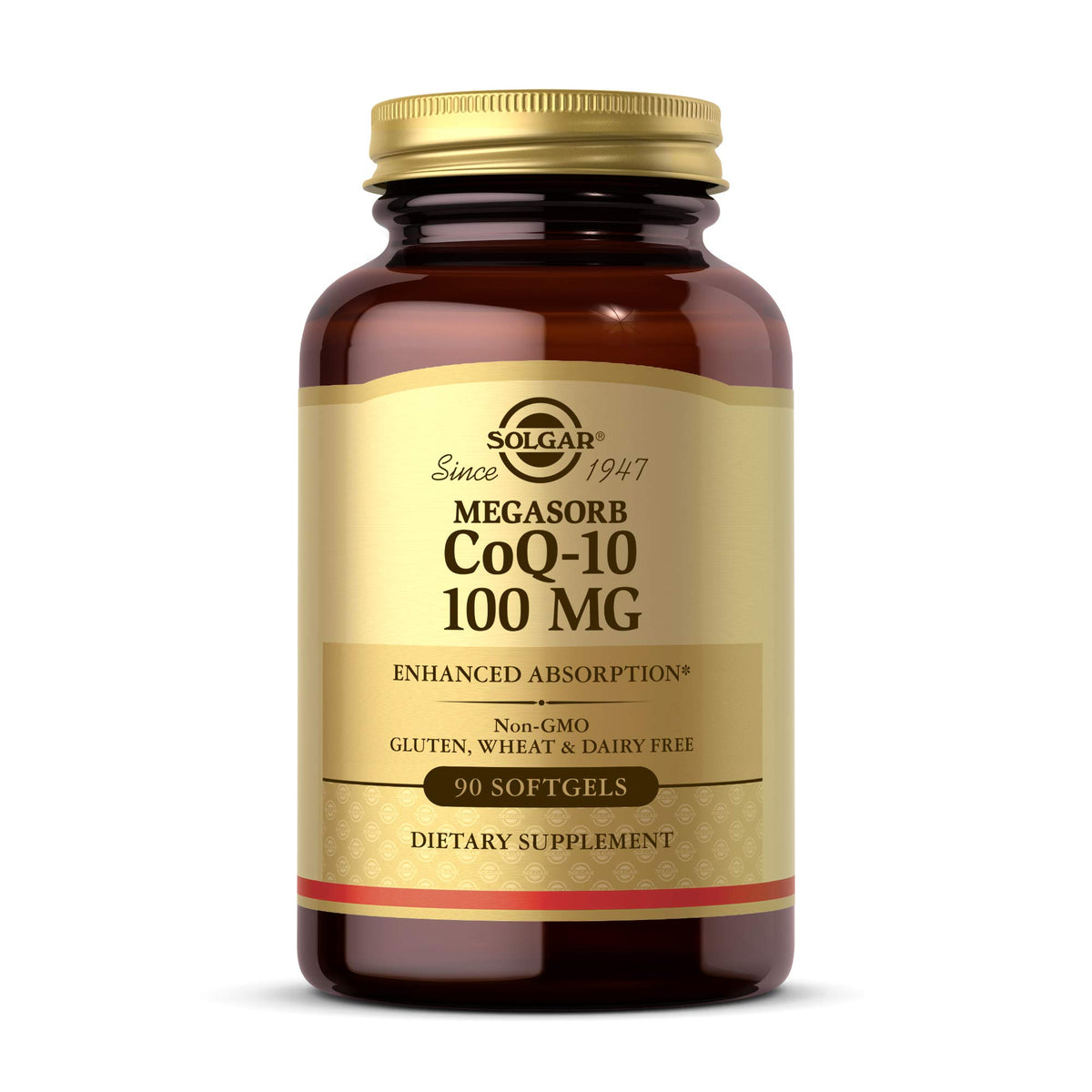 Solgar envase frontal Megasorb CoQ-10 mostrando 90 softgels y beneficios