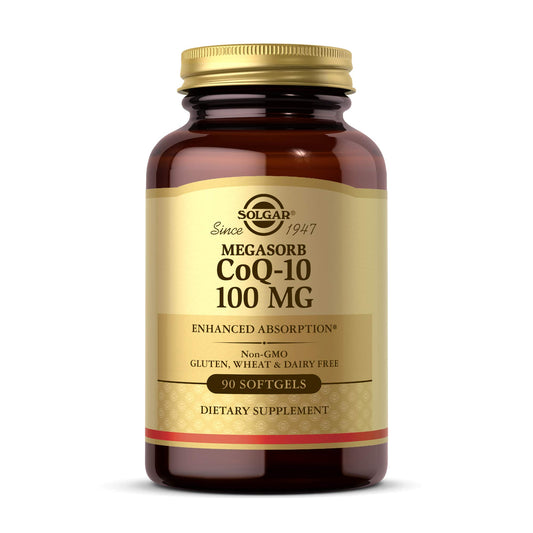 Solgar envase frontal Megasorb CoQ-10 mostrando 90 softgels y beneficios
