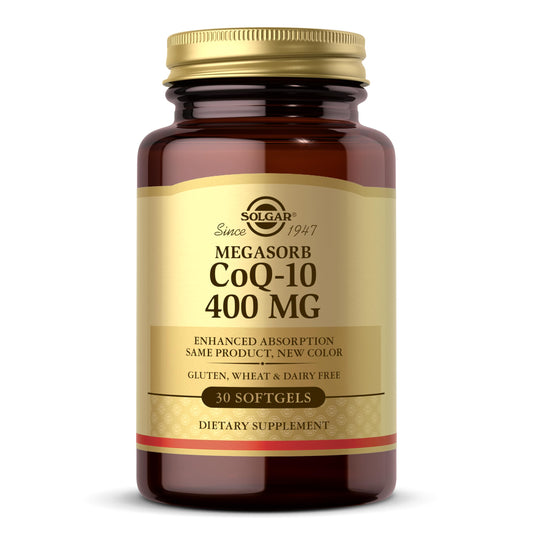 Solgar frasco frontal mostrando Megasorb CoQ-10 400 mg para identificación clara