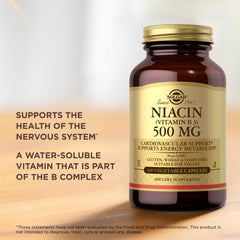 Solgar Niacin 500mg capsules pouring into hand for convenient daily supplementation.