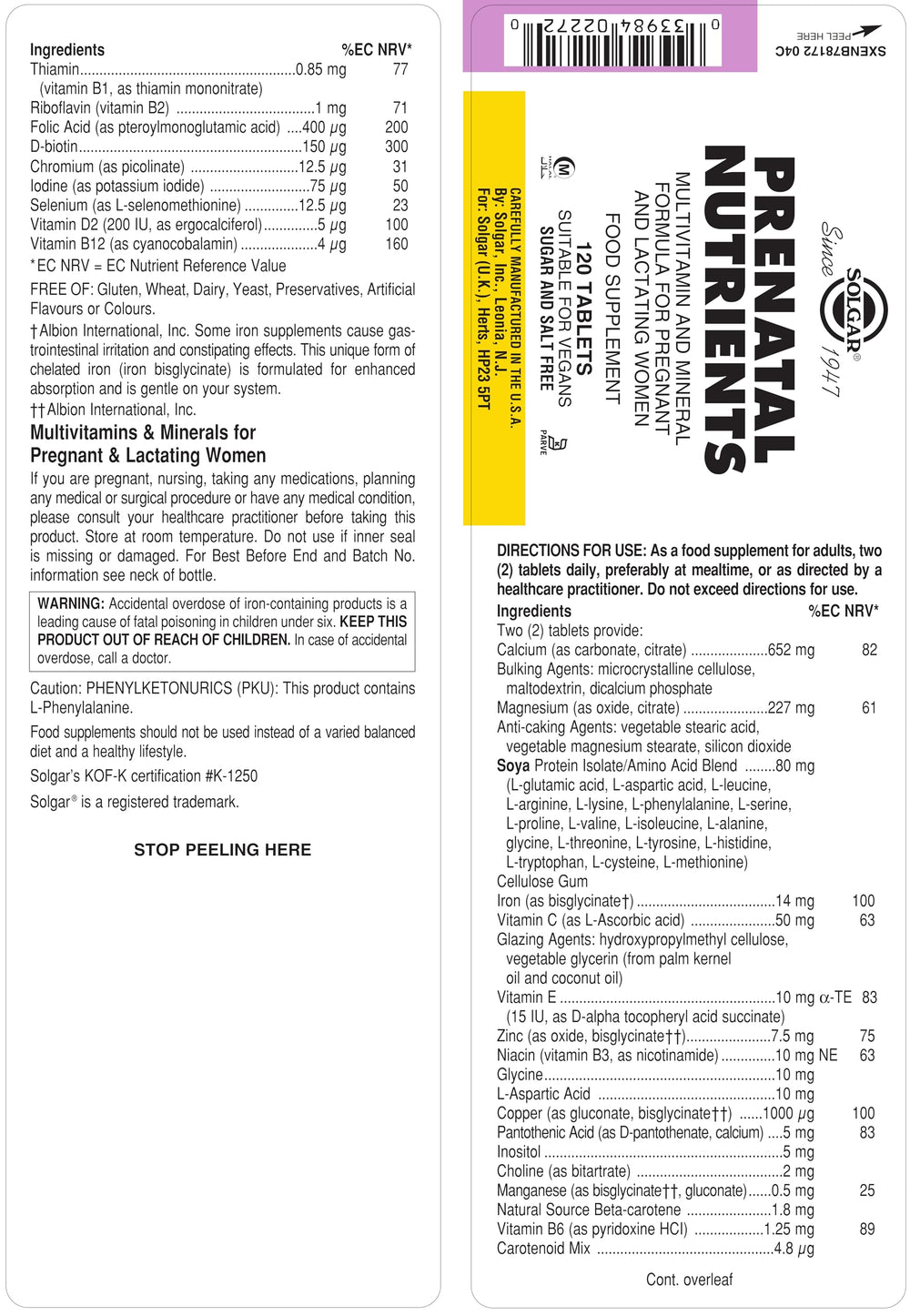 Solgar Nutrientes Prenatales, empaque trasero, información clara para el usuario.
