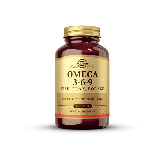 Solgar Omega 3-6-9-60 en botella: apoyo a articulaciones y piel saludable.