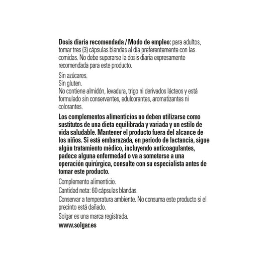 Solgar Omega 3-6-9-60 cápsulas para consumo diario.