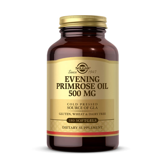 Solgar envase frontal de Evening Primrose Oil mostrando presentación y beneficio de piel sana