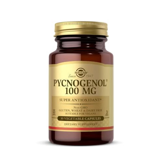 Solgar Pycnogenol 100 mg, botella, protección antioxidante para la salud vascular.