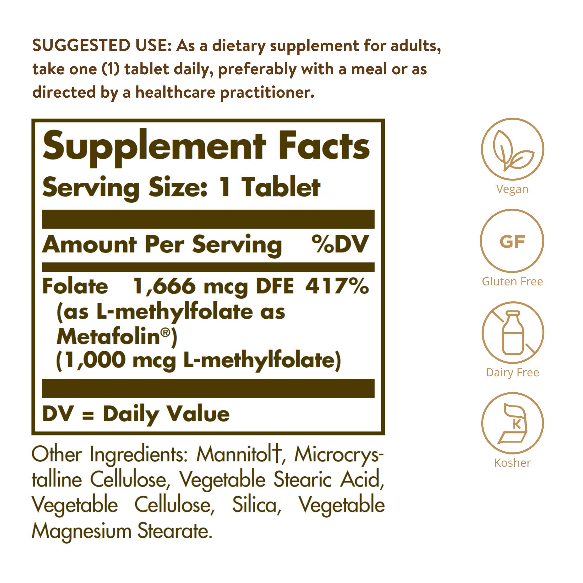 Solgar detalle de tableta Folate textura nítida y fácil disolución beneficios prácticos