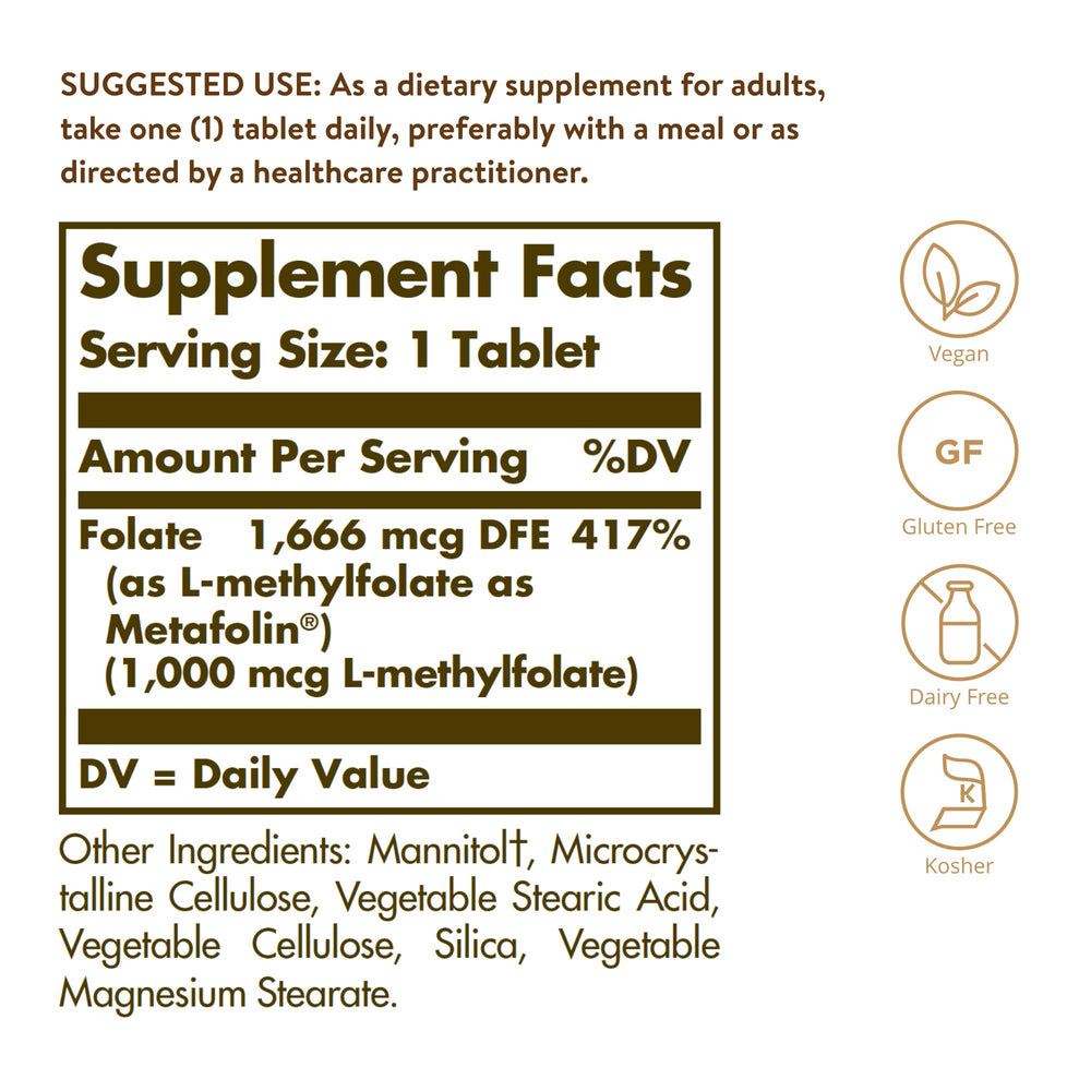 Solgar detalle de tableta Folate textura nítida y fácil disolución beneficios prácticos