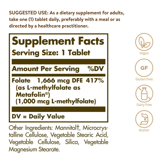 Solgar detalle de tableta Folate textura nítida y fácil disolución beneficios prácticos