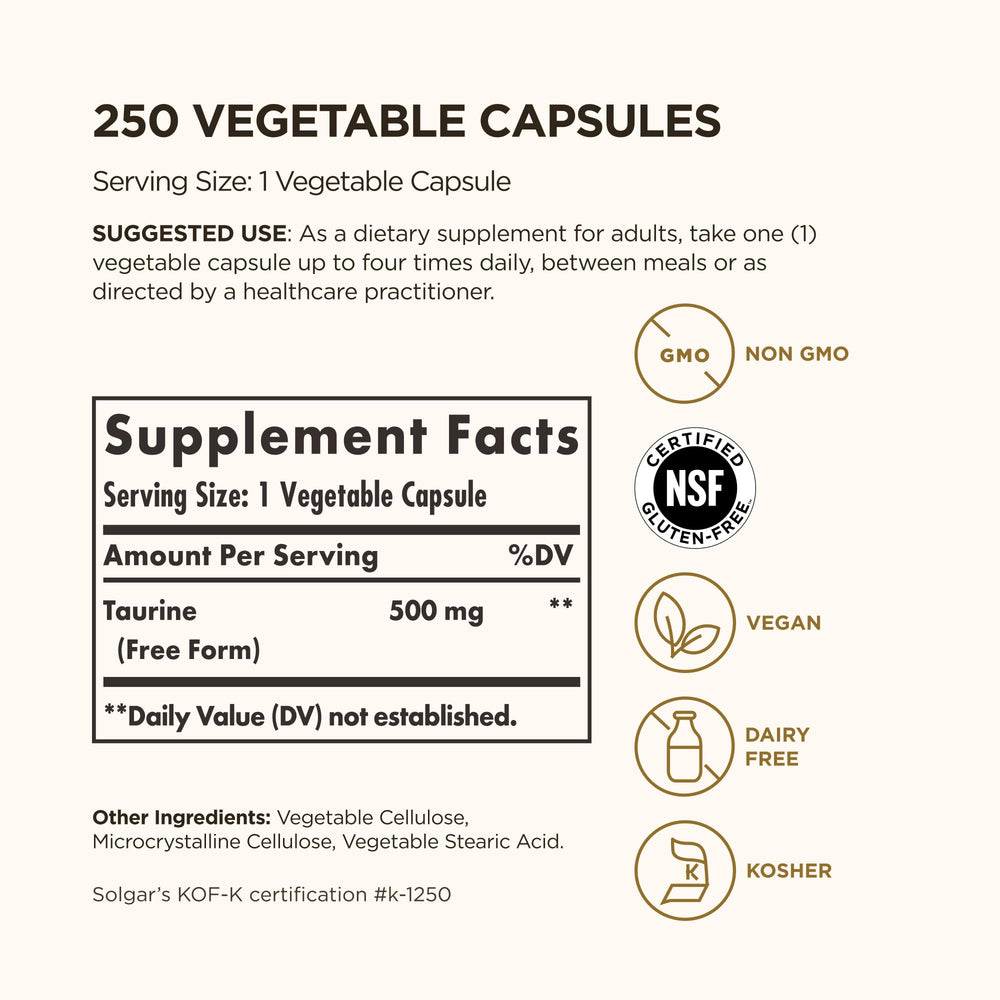 Solgar taurine cápsula en primer plano detalle de textura y calidad