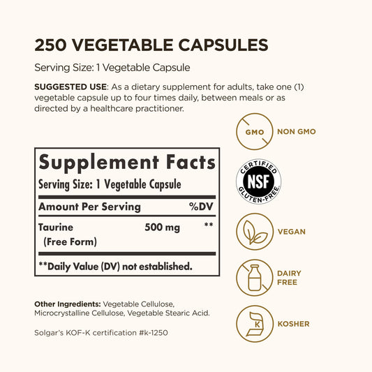 Solgar taurine cápsula en primer plano detalle de textura y calidad