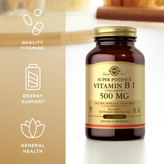 Solgar Vitamin B1 label close-up with nutrition details and energy metabolism notes