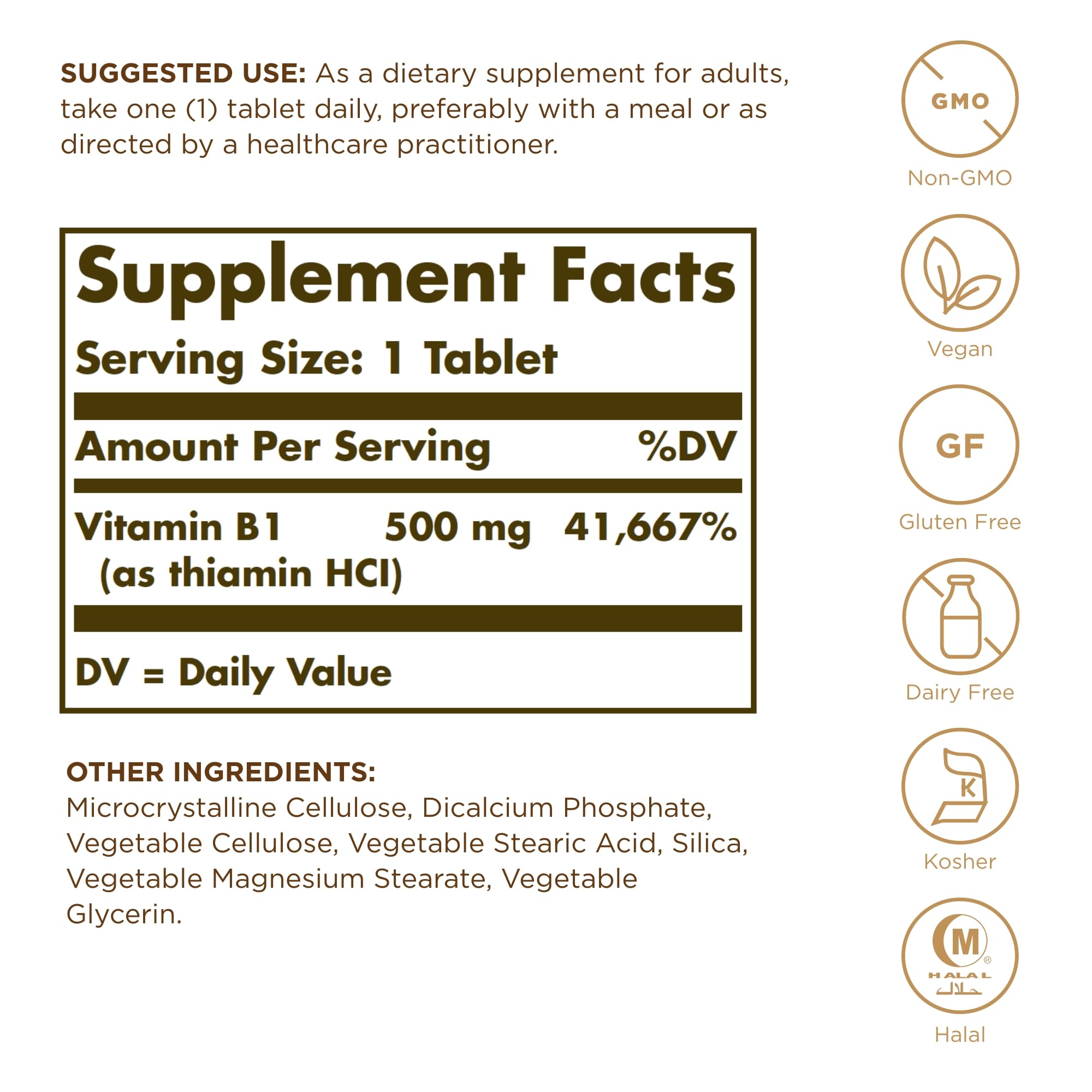 Solgar Vitamin B1 tablets close-up highlighting the high-potency 500 mg formula