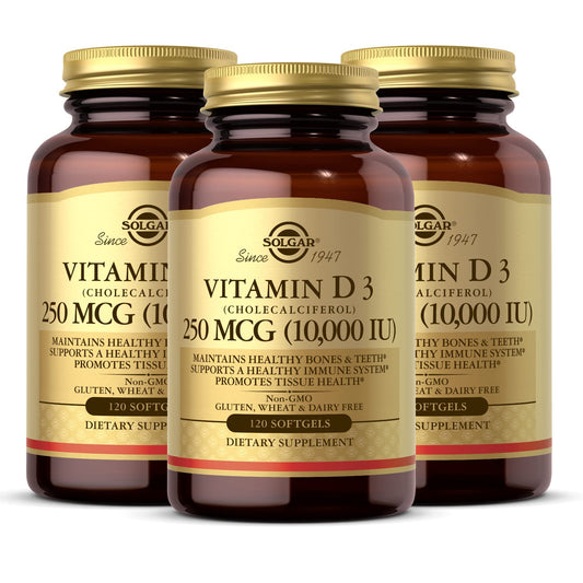 Solgar Vitamin D3 softgels bottle label highlights 10,000 IU for bone support and immune health.