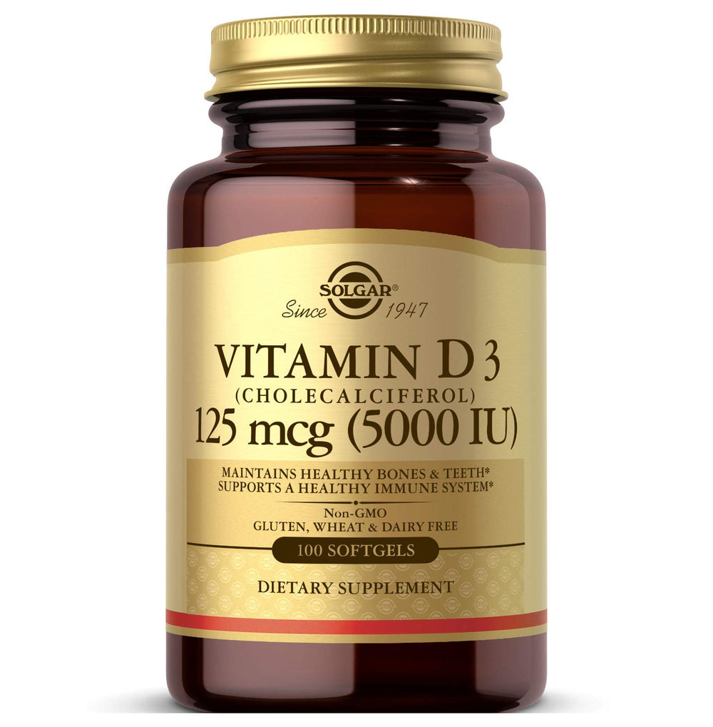 Solgar frasco frontal mostrando etiqueta clara y beneficio de vitamina D3