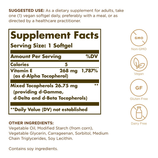Solgar Vitamin E 268 mg softgels closeup, easy-to-swallow capsules for daily use.