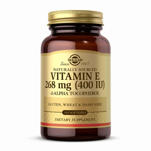 Solgar Vitamin E 268 mg bottle front view highlighting natural d-Alpha Tocopherol.