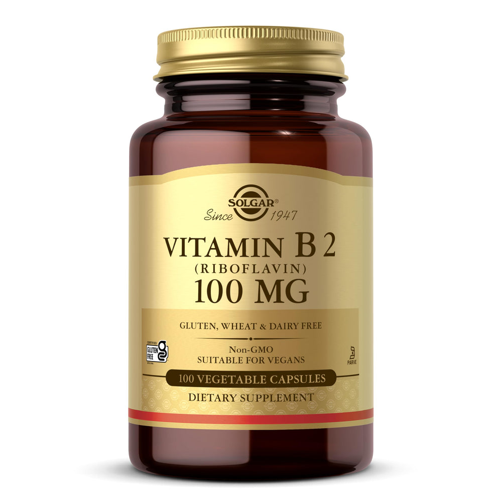 Solgar frasco frontal mostrando Vitamina B2 100 mg y beneficios de energía