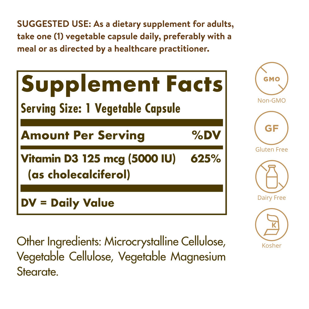 Detalle de lista de ingredientes Solgar Vitamina D3, limpieza y calidad visible