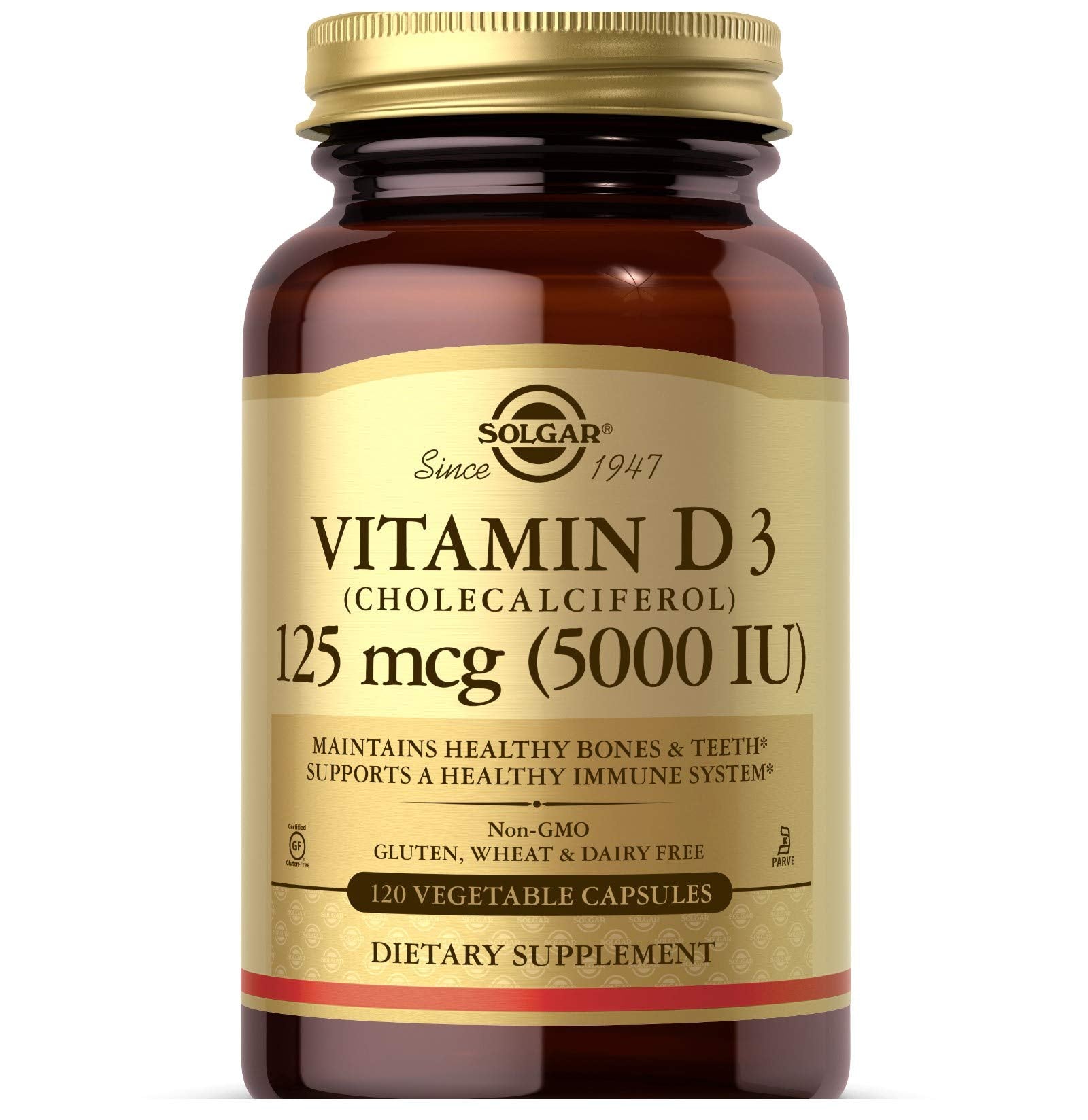 Solgar frasco frontal de Vitamina D3 5000 IU mostrando etiqueta clara y beneficios