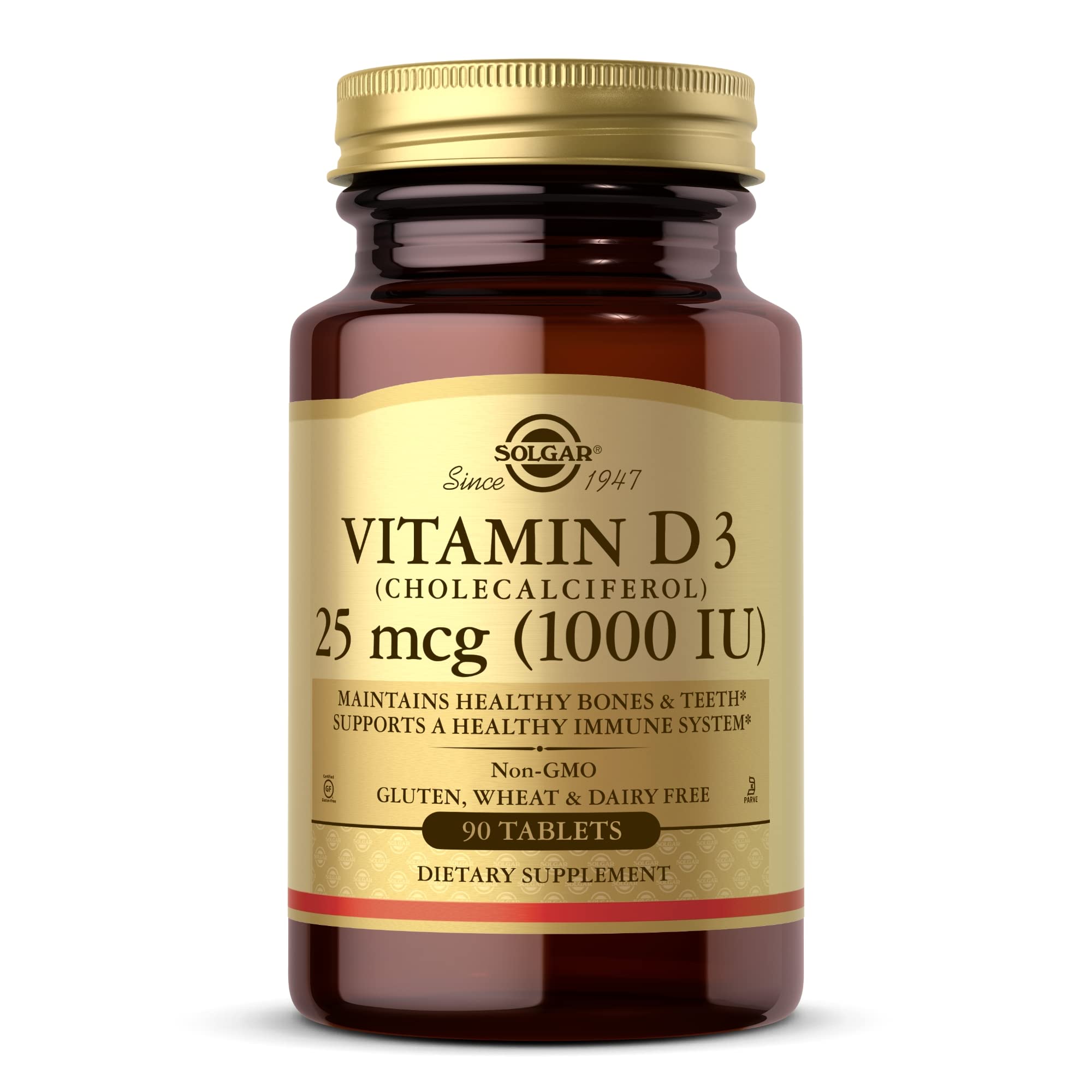 Solgar Vitamina D3, bote de tabletas; apoya huesos y dientes sanos con uso diario.