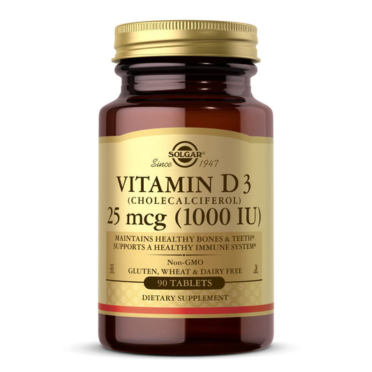 Solgar Vitamina D3, bote de tabletas; apoya huesos y dientes sanos con uso diario.