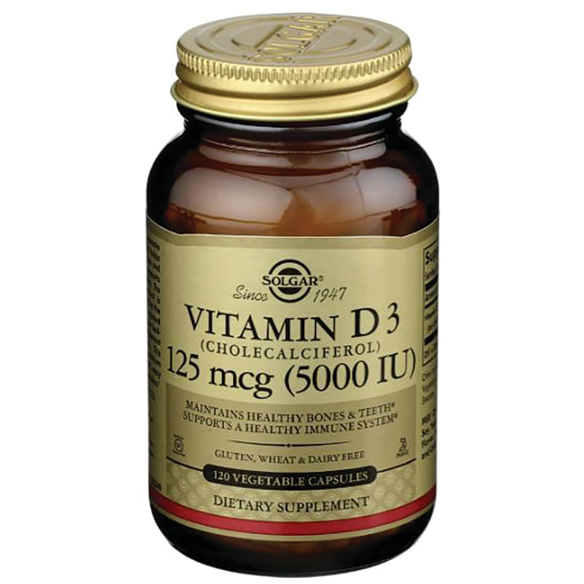 Etiqueta de Solgar Vitamina D3 detallada, resaltando dosis y ausencia de alérgenos