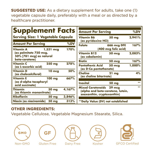 Solgar Vitaminas Solo: cápsulas vegetales para consumo diario.
