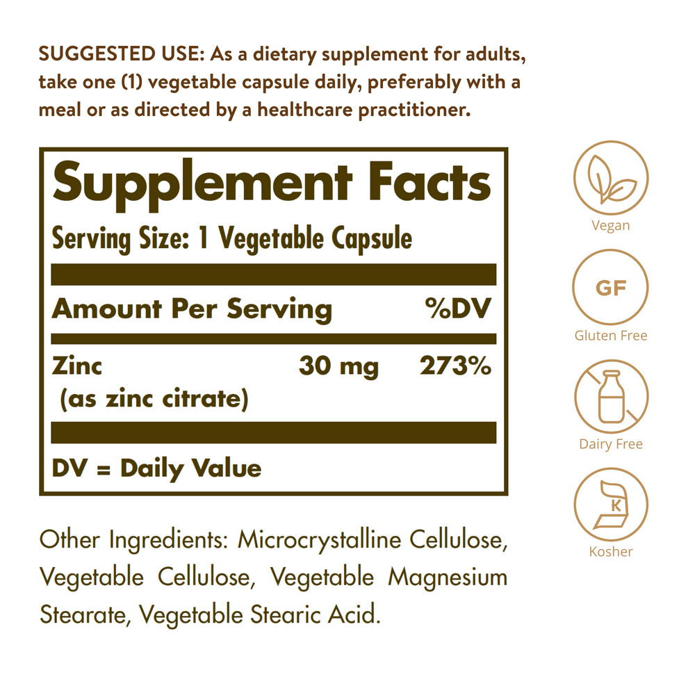 detalle de cápsula vegetal Solgar Zinc Citrate, textura y tamaño visible