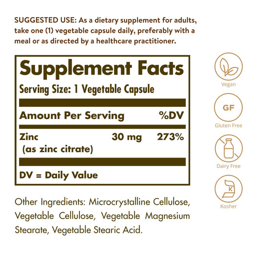 detalle de cápsula vegetal Solgar Zinc Citrate, textura y tamaño visible