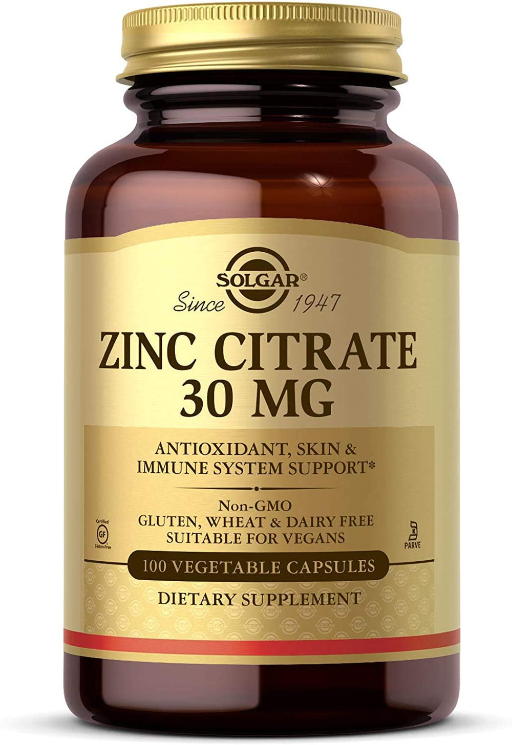 Solgar envase frontal mostrando Zinc Citrate y beneficios de absorción