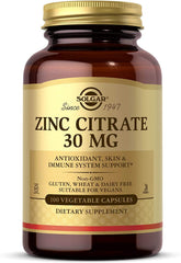 Solgar envase frontal mostrando Zinc Citrate y beneficios de absorción