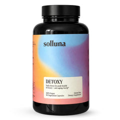 Solluna Detoxy frontal del envase mostrando etiqueta clara y beneficios
