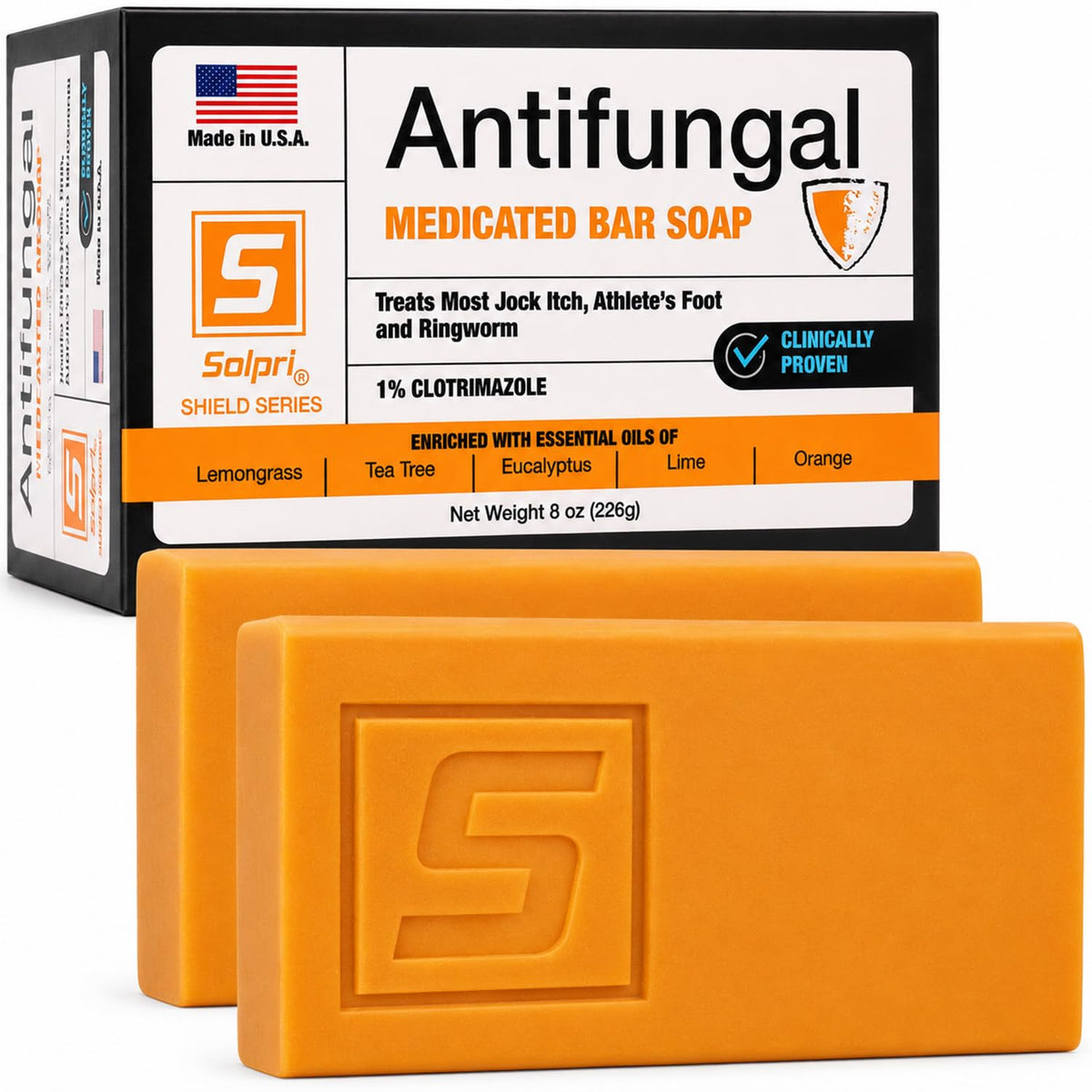 Solpri barra frontal mostrando packaging y beneficio de limpieza medicada