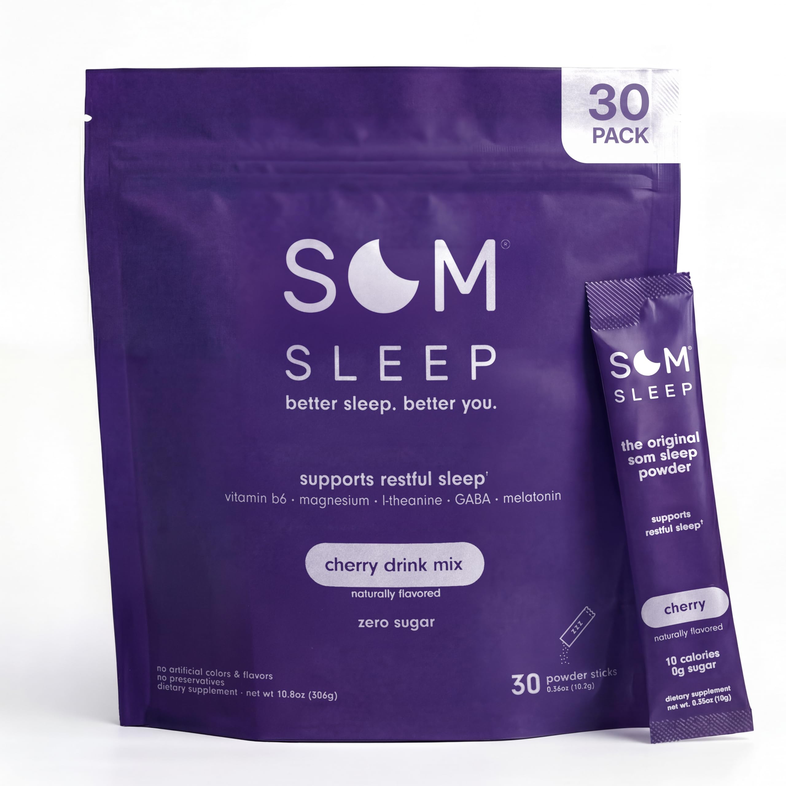 Som Sleep frente del paquete mostrando 30 sobres y beneficios rápidos