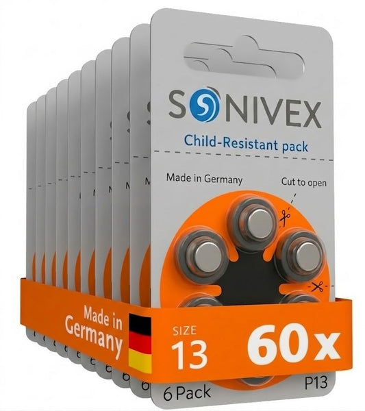 SONIVEX frontal del paquete de 60 pilas tamaño 13 mostrando cantidad y marca, beneficio: reserva prolongada