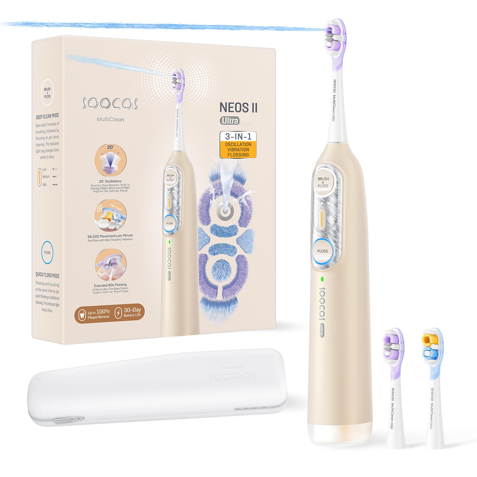 Soocas NEOS II frontal mostrando diseño champagne gold y beneficio estético