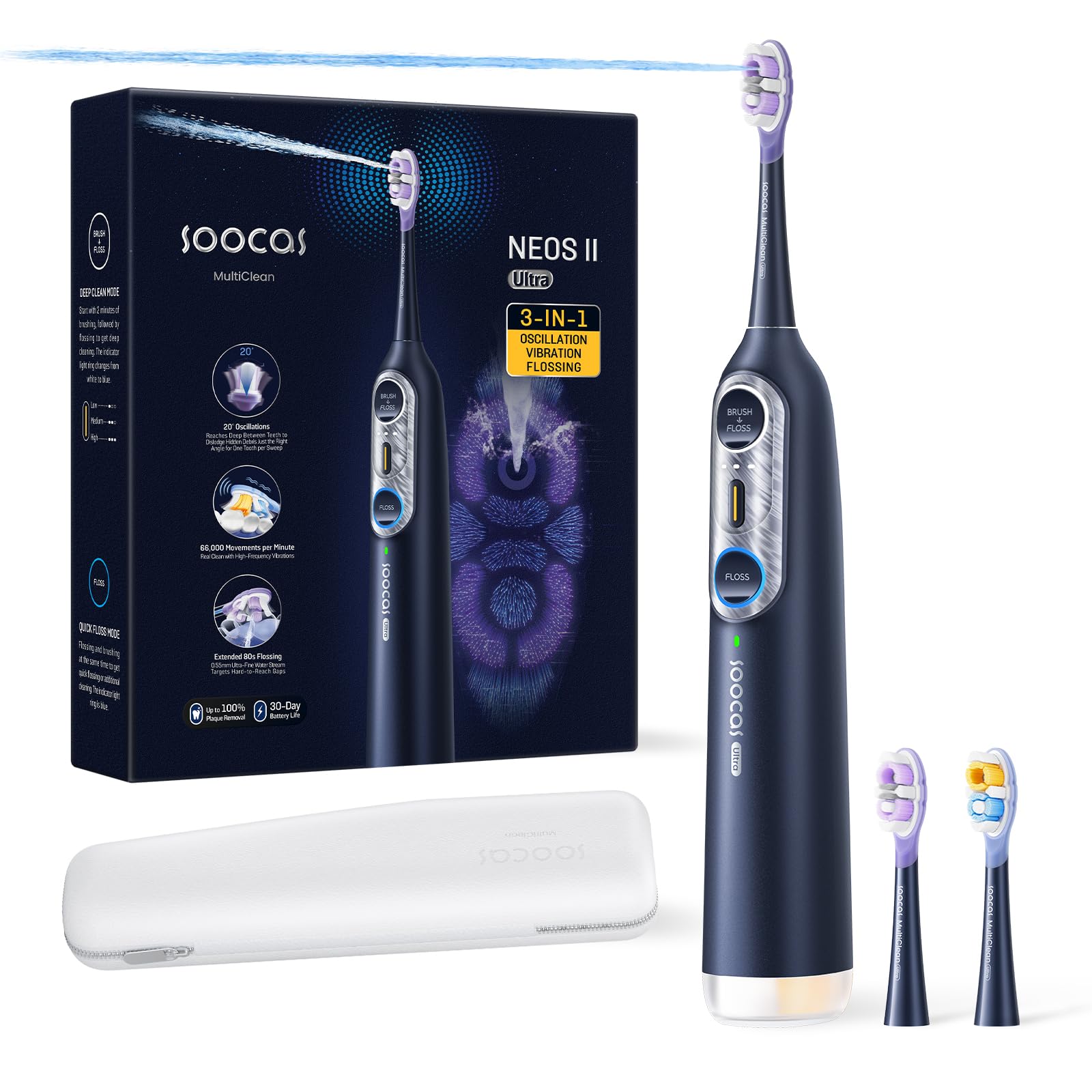 Soocas NEOS II Ultra frontal color Midnight Blue mostrando diseño y controles