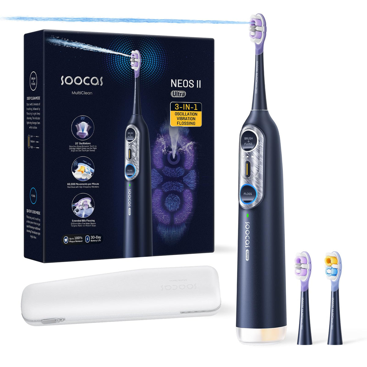 Soocas NEOS II Ultra frontal color Midnight Blue mostrando diseño y controles