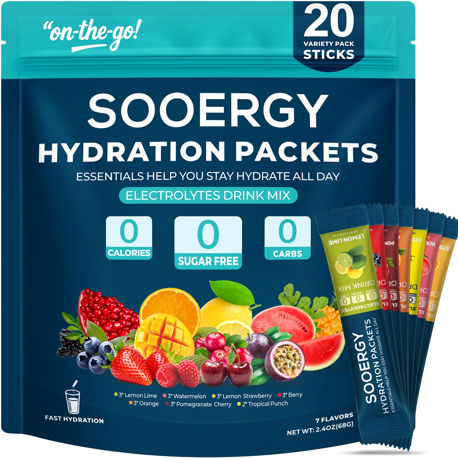Sooergy frente del empaque mostrando 20 sticks y variedad de sabores, conveniencia portable