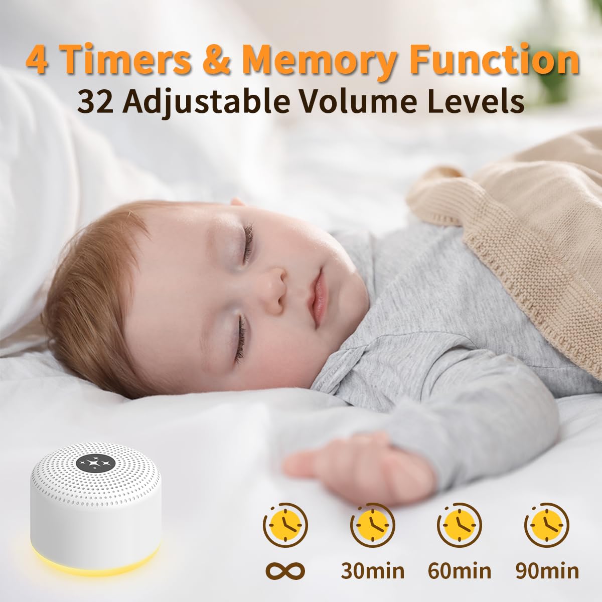 Soothing Sounds en uso sobre mesita junto a cuna, ayuda a establecer rutina nocturna