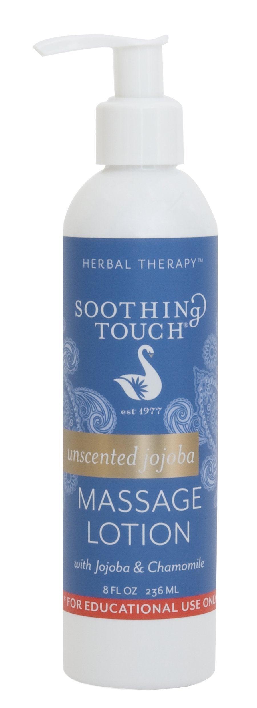 Soothing Touch envase frontal 8 oz mostrando etiqueta y beneficio de deslizamiento controlado