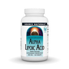 Source Naturals envase frontal de Alpha Lipoic Acid 300 mg mostrando 120 tabletas y beneficio de antioxidante