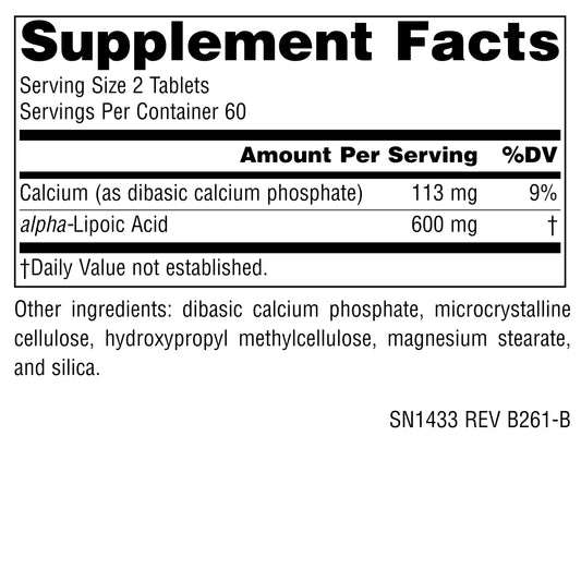 Close-up de tabletas veganas de Source Naturals Alpha Lipoic Acid con textura y fácil ingestión