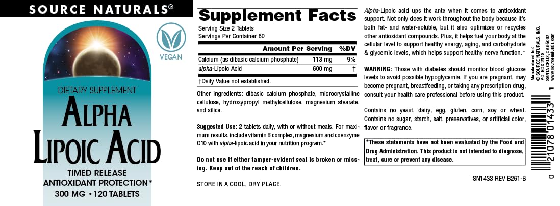 Botella Source Naturals Alpha Lipoic Acid sobre mesa junto a otros suplementos para planificación diaria