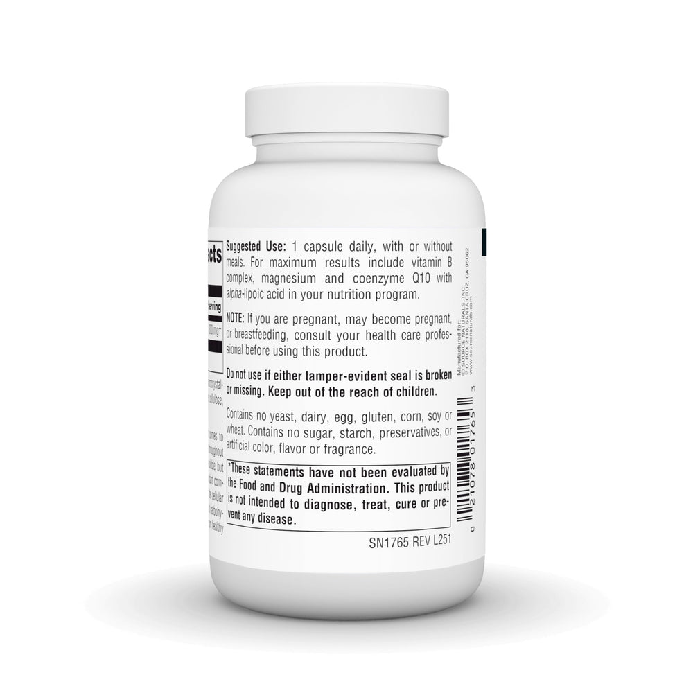 Source Naturals cápsulas sobre una regla para comparar tamaño y cantidad por toma