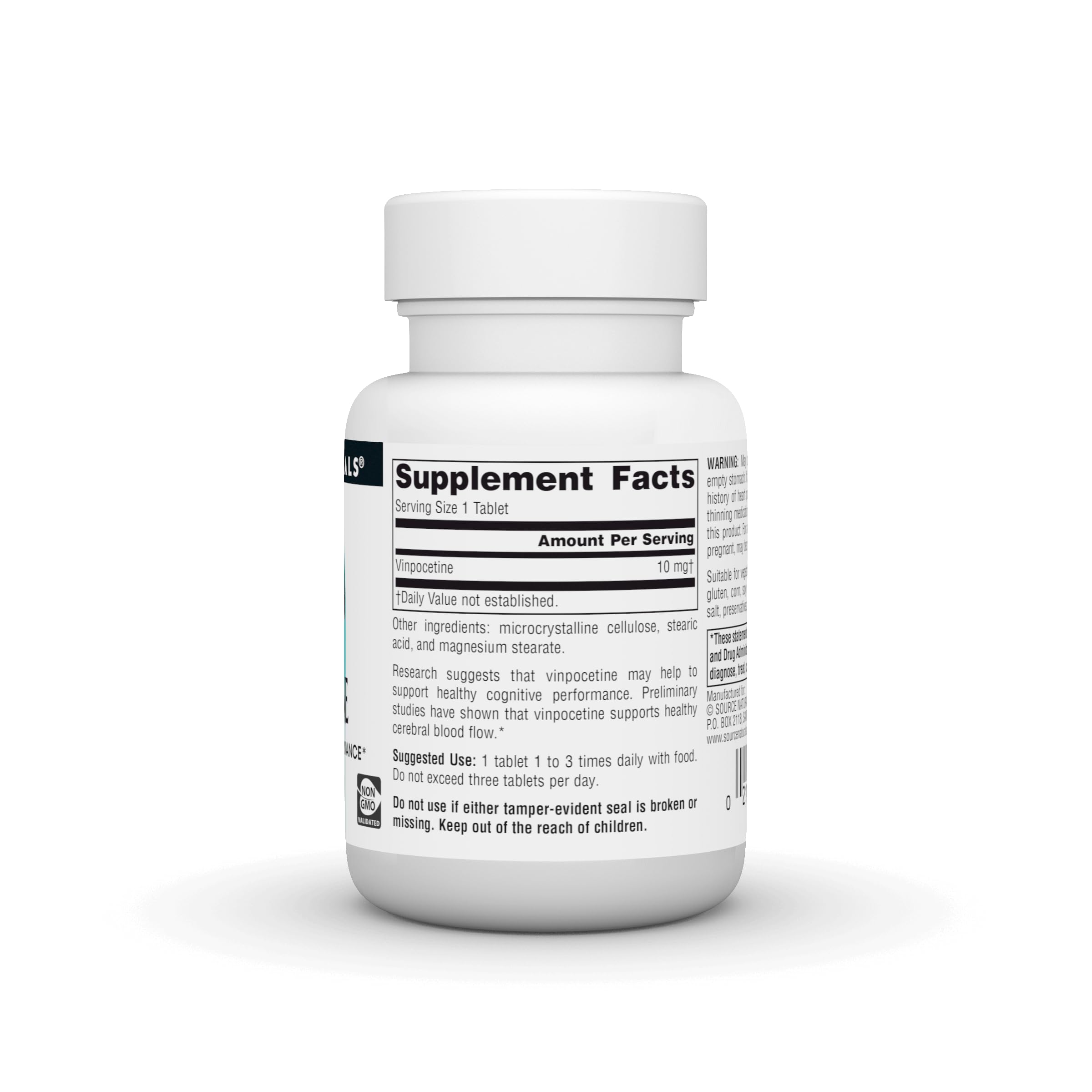 Source Naturals comprimido de vinpocetina en mano mostrando tamaño y dosificación