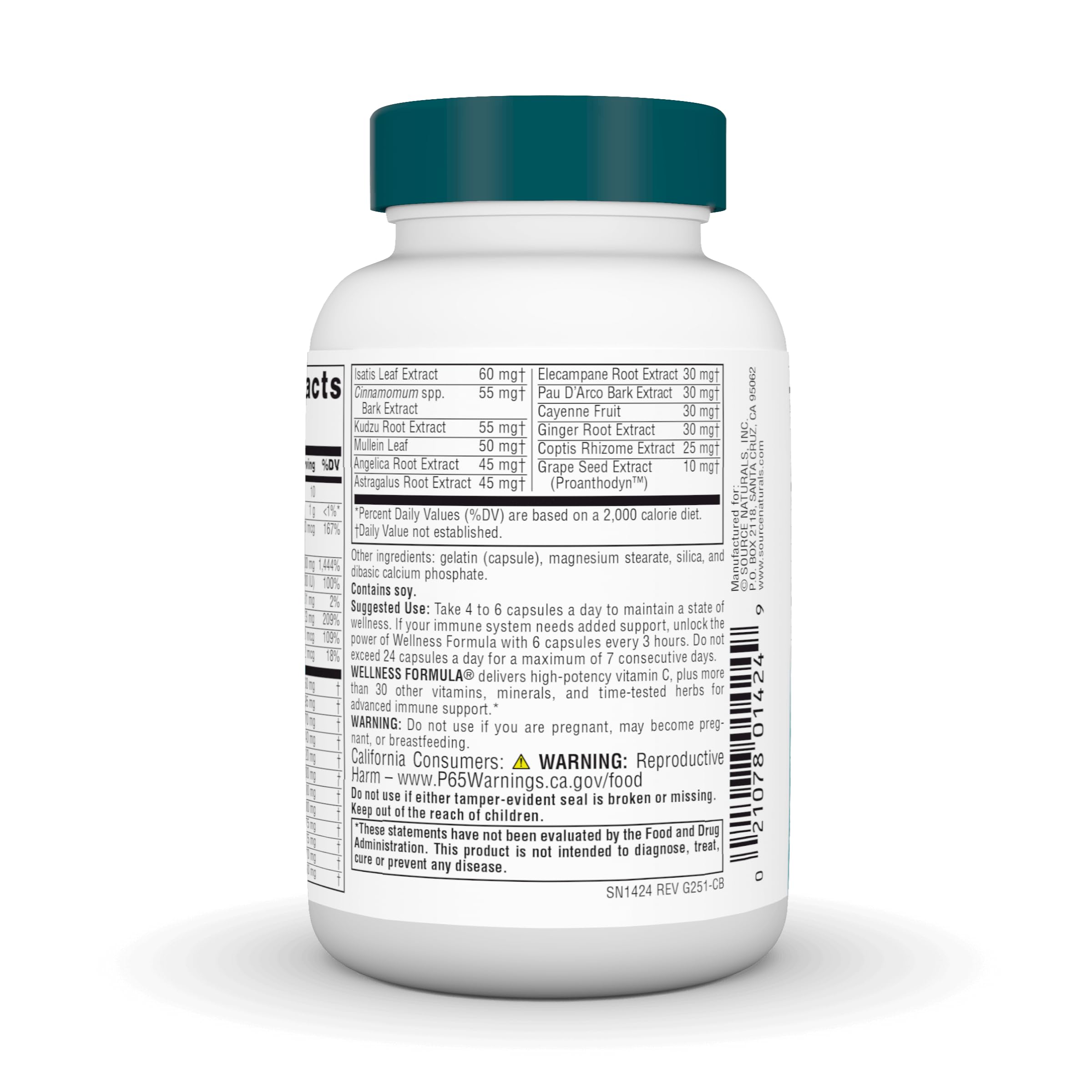 Source Naturals etiqueta con lista de ingredientes para transparencia